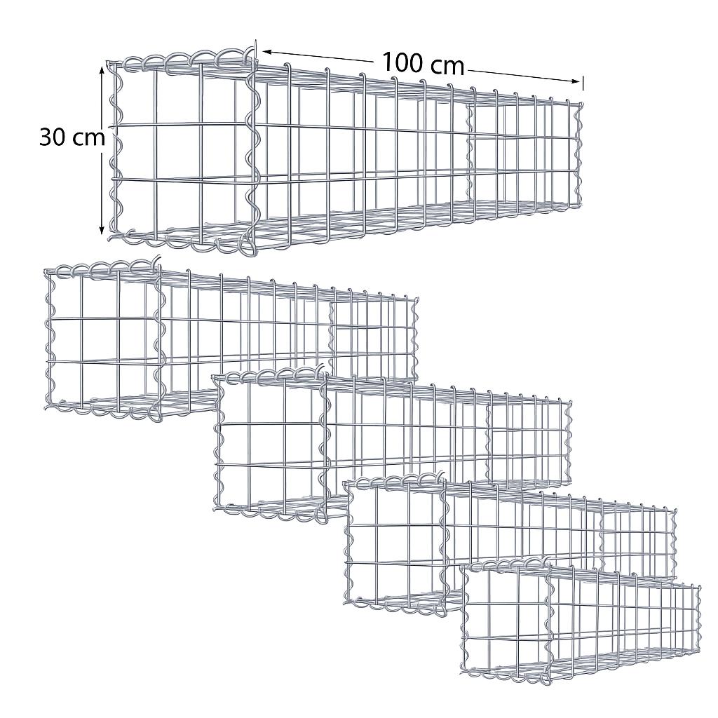 Set med 5 gabioner 100 x 30 x 30 cm (L x H x D), maskstorlek 10 x 10 cm, spiralförslutning, trådtjocklek 4,5 mm