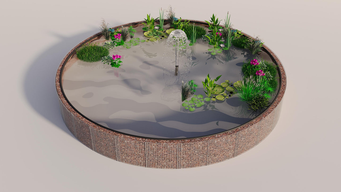 Gabionupphöjd damm, rund, ytterdiameter 322 cm, höjd 80 cm, maskstorlek 5 x 5 cm, väggtjocklek 15 cm