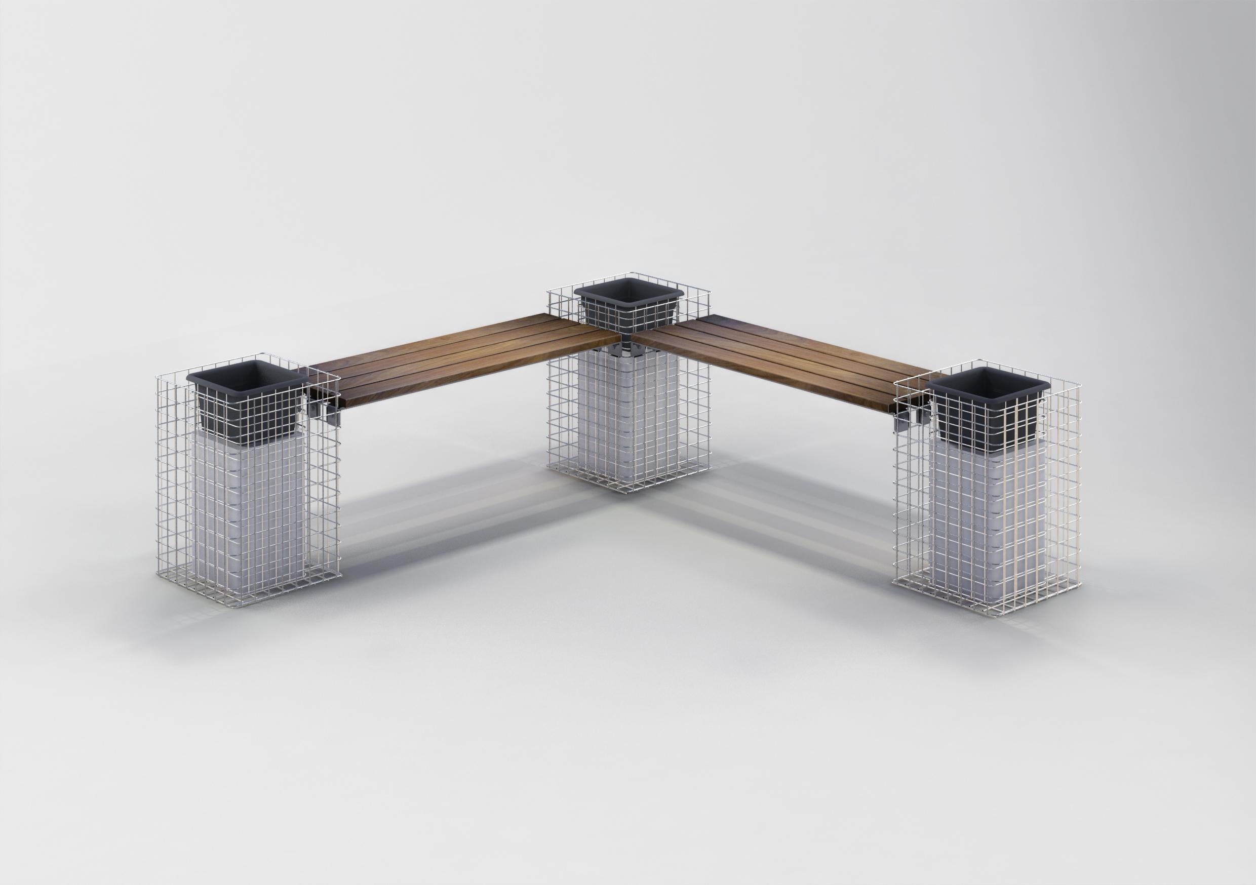 Gabionbänk med 3 blomsterpelare - Cumaru-trä, 205 cm långt x 60 cm högt x 37 cm djupt, varmförzinkat, MW 5 x 5 cm