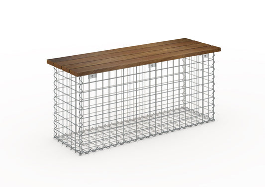 Banco de gabiões com madeira de Cumaru, 105 x 50 x 30 cm (C x A x P), galvanizado, MW 5 x 5 cm, com fecho em espiral