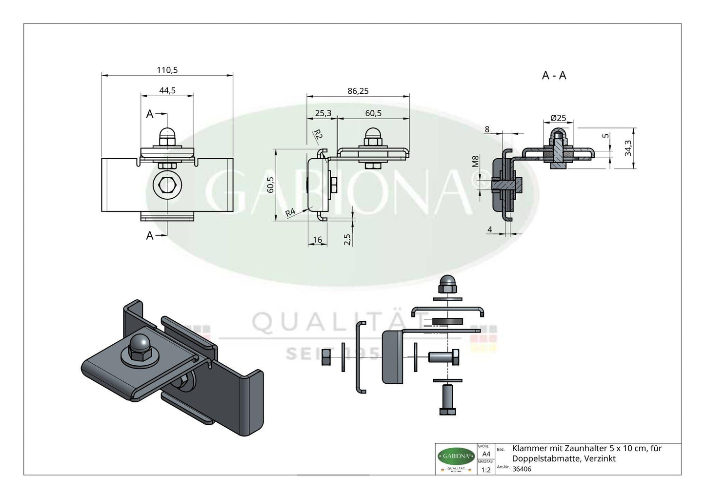Clamp with fence holder 5 x 10 cm, for double rod mat, galvanized