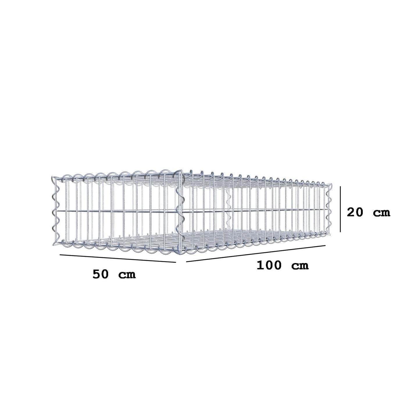 Gabion 100 cm x 20 cm x 50 cm (L x H x D), maskestørrelse 5 cm x 10 cm, spiral