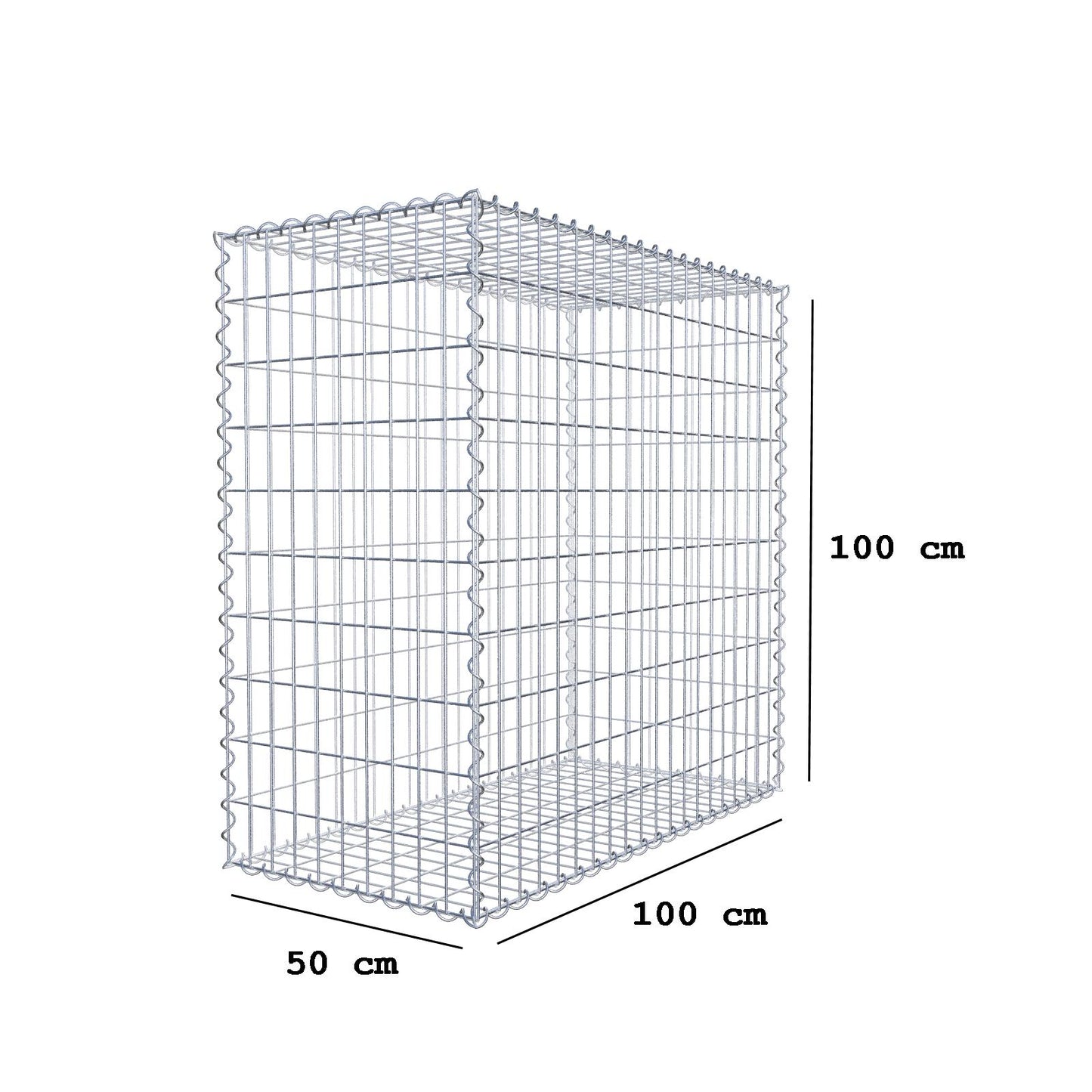 Gabion 100 cm x 100 cm x 50 cm (L x H x D), maskestørrelse 5 cm x 10 cm, spiral