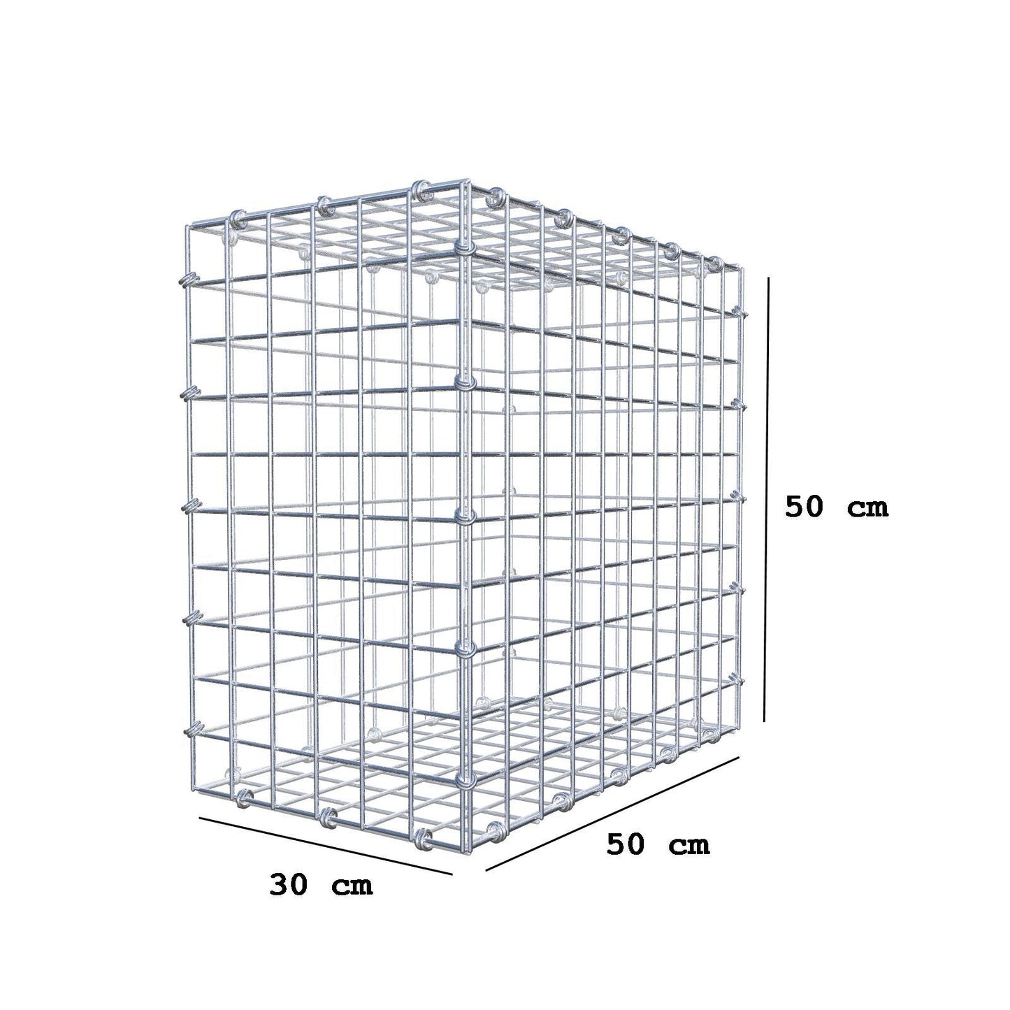 Gabion 50 cm x 50 cm x 30 cm (L x H x D), maskestørrelse 5 x 5 cm, spiralring