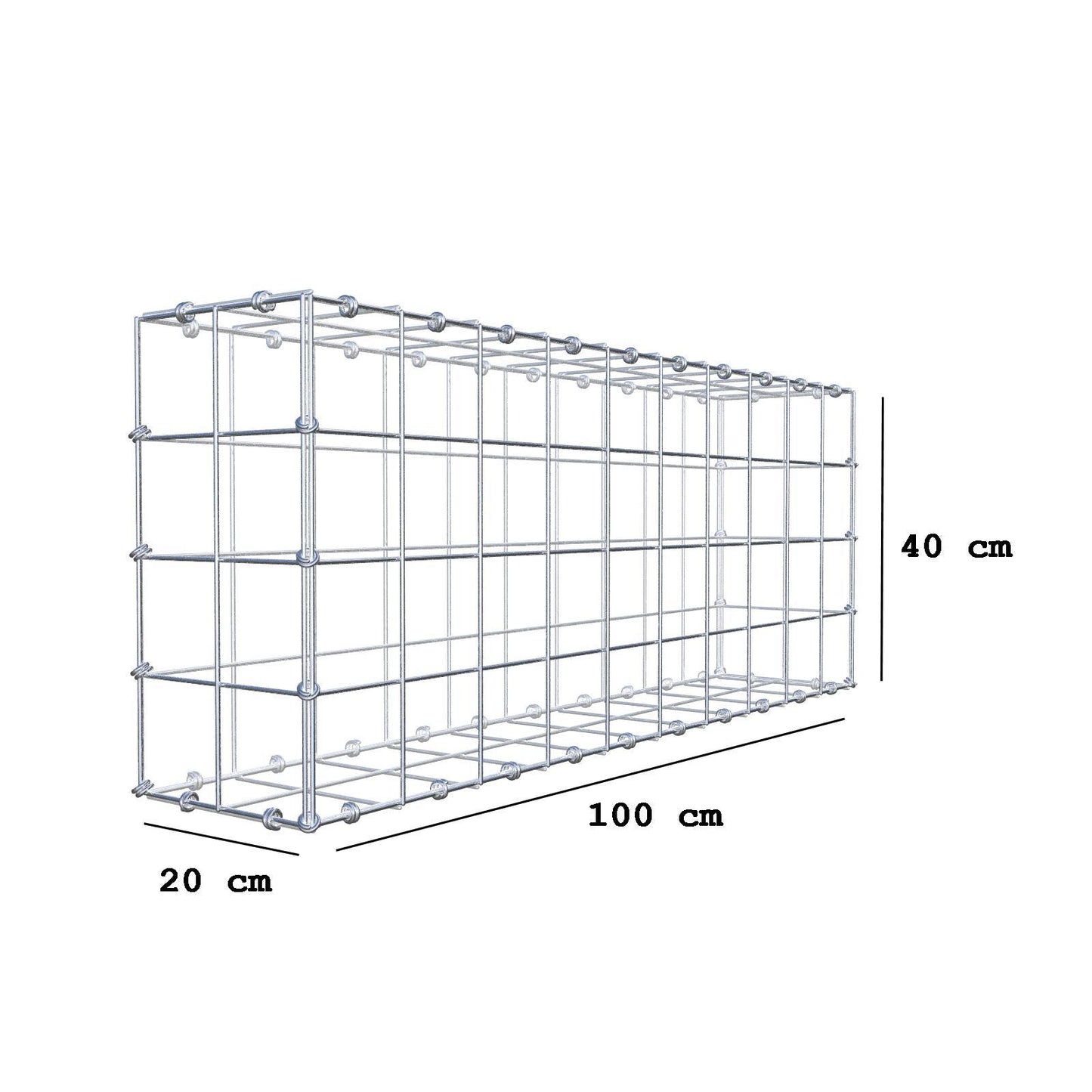 Gabion 100 cm x 40 cm x 20 cm (L x H x D), maskestørrelse 10 x 10 cm, spiralring
