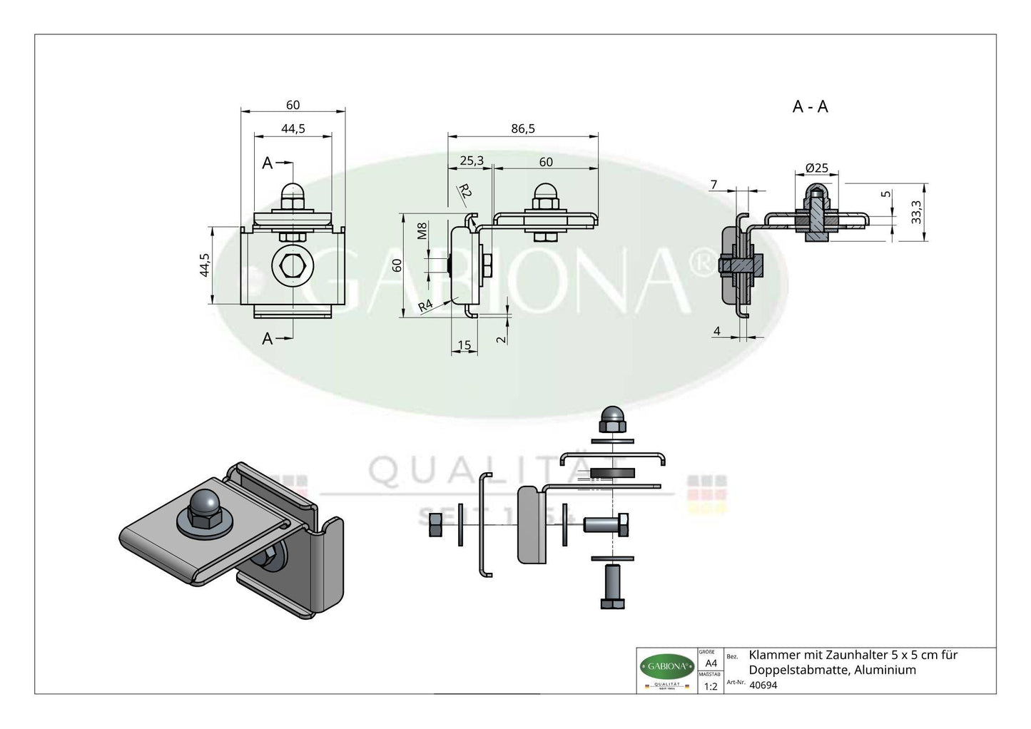 Klämma med staketfäste 5 x 5 cm för dubbelt trådnät, aluminium