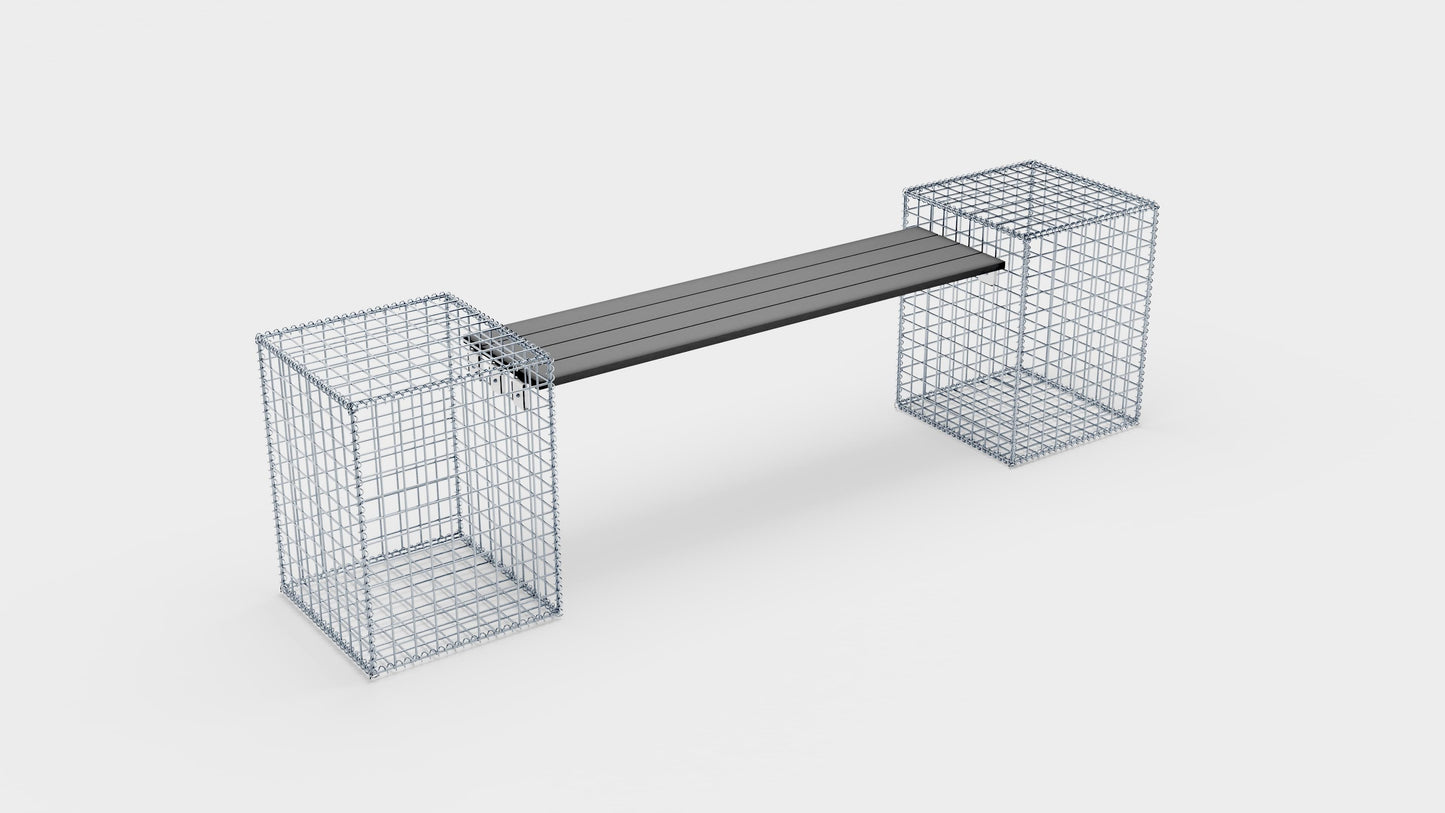 Gabion bench with 2 spiral gabions, 205 cm long x 60 cm high x 40 cm deep, galvanized, MW 5 x 5 cm, with recycled top in anthracite