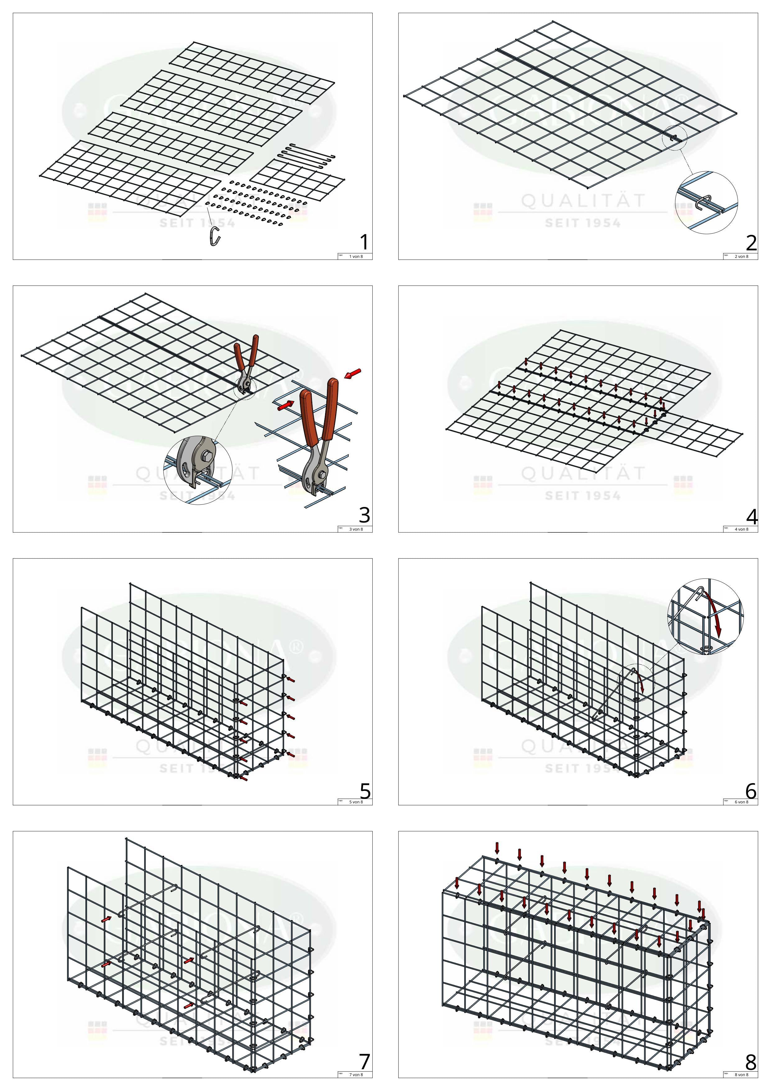 Monteret gabion type 2 100 cm x 20 cm x 40 cm (L x H x D), maskestørrelse 10 cm x 10 cm, C-ring