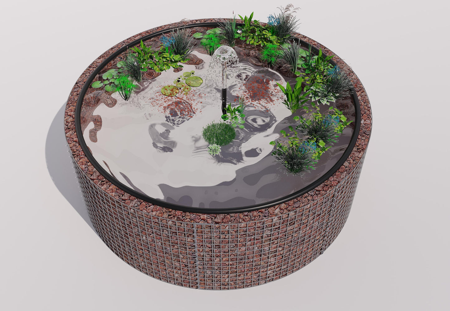 Gabionupphöjd damm, rund, ytterdiameter 232 cm, höjd 80 cm, maskstorlek 5 x 5 cm, väggtjocklek 15 cm