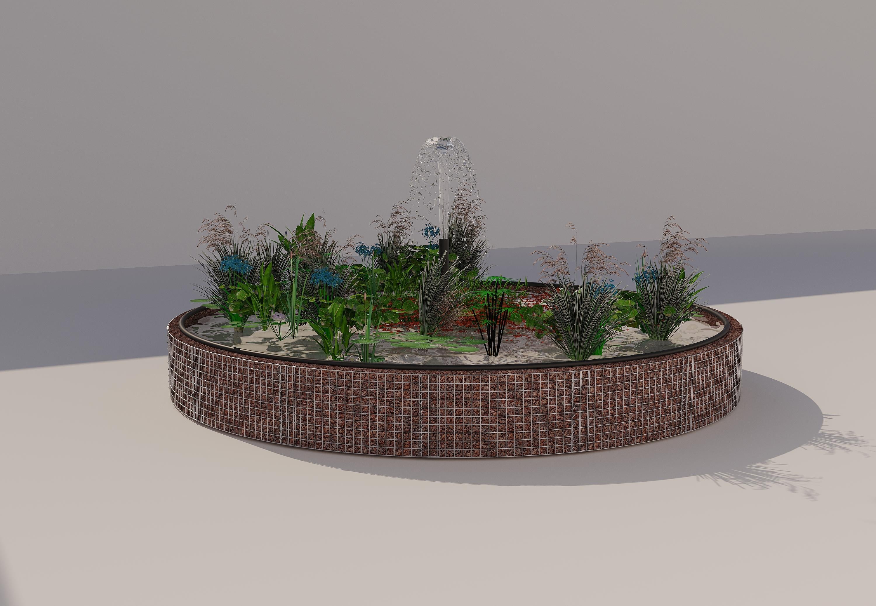 Estanque elevado de gaviones redondo, diámetro exterior 442 cm, altura 50 cm, luz de malla 5 x 5 cm, espesor de pared 15 cm