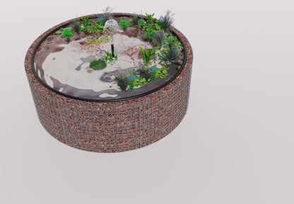 Gabionupphöjd damm, rund, ytterdiameter 232 cm, höjd 80 cm, maskstorlek 5 x 5 cm, väggtjocklek 15 cm