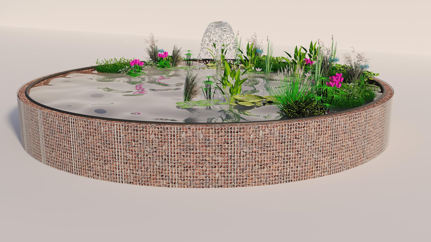 Gabionupphöjd damm, rund, ytterdiameter 322 cm, höjd 80 cm, maskstorlek 5 x 5 cm, väggtjocklek 15 cm