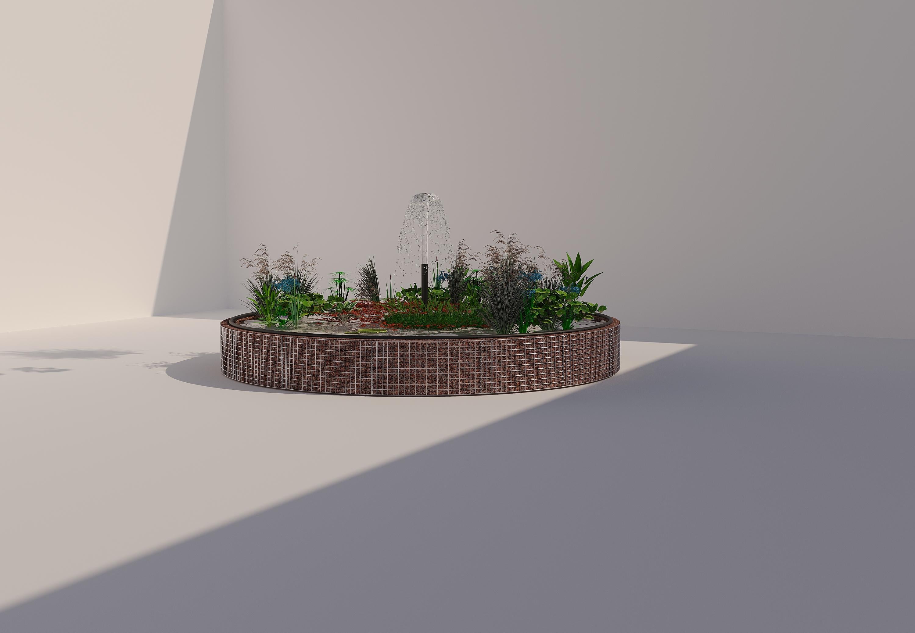 Estanque elevado de gaviones redondo, diámetro exterior 442 cm, altura 50 cm, luz de malla 5 x 5 cm, espesor de pared 15 cm