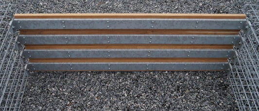 Havebænk med 3 gabioner - teak, 205 cm lang x 60 cm høj x 37 cm dyb, galvaniseret, MW 5 x 5 cm