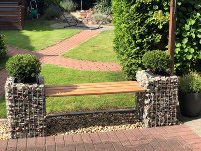 Havebænk med 2 blomstersøjler - Cumaru-træ, 200 cm lang x 62 cm høj x 37 cm dyb, varmgalvaniseret, MW 5 x 5 cm