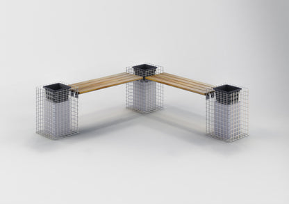 Banco de gaviones con 3 columnas de flores - teca, 205 cm de largo x 60 cm de alto x 37 cm de profundidad, galvanizado en caliente, MW 5 x 5 cm