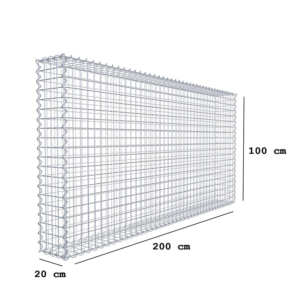 Gabião 200 cm x 100 cm x 20 cm (C x A x P), malhagem 5 cm x 5 cm, espiral