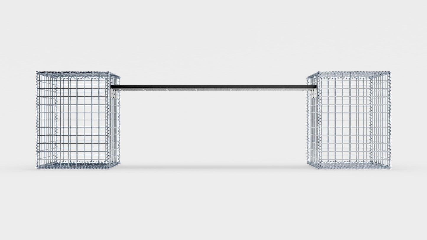 Gabionbænk med 2 spiralformede gabioner, 205 cm lang x 60 cm høj x 40 cm dyb, galvaniseret, MW 5 x 5 cm, med genbrugsplade i antracit