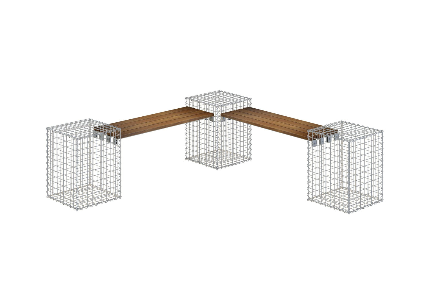 Gabionbænk med 3 spiralformede gabioner lavet af Cumaru-træ, 205 cm lang x 60 cm høj x 37 cm dyb, galvaniseret, MW 5 x 5 cm