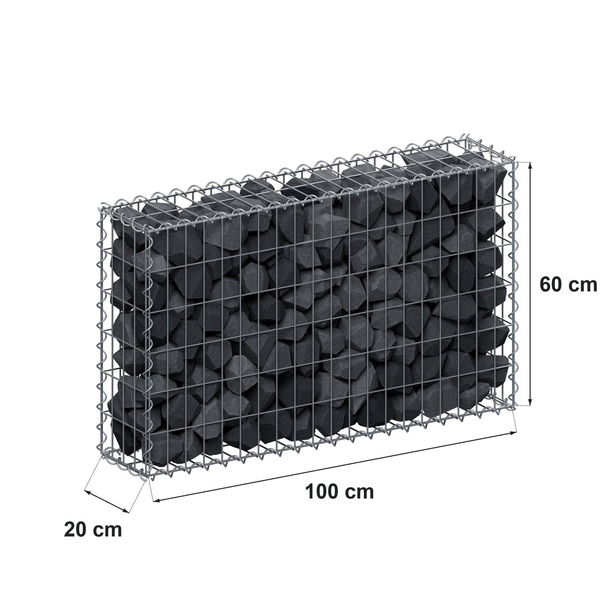 Gabião 100 cm x 60 cm x 20 cm (C x A x P), malhagem 5 cm x 10 cm, espiral