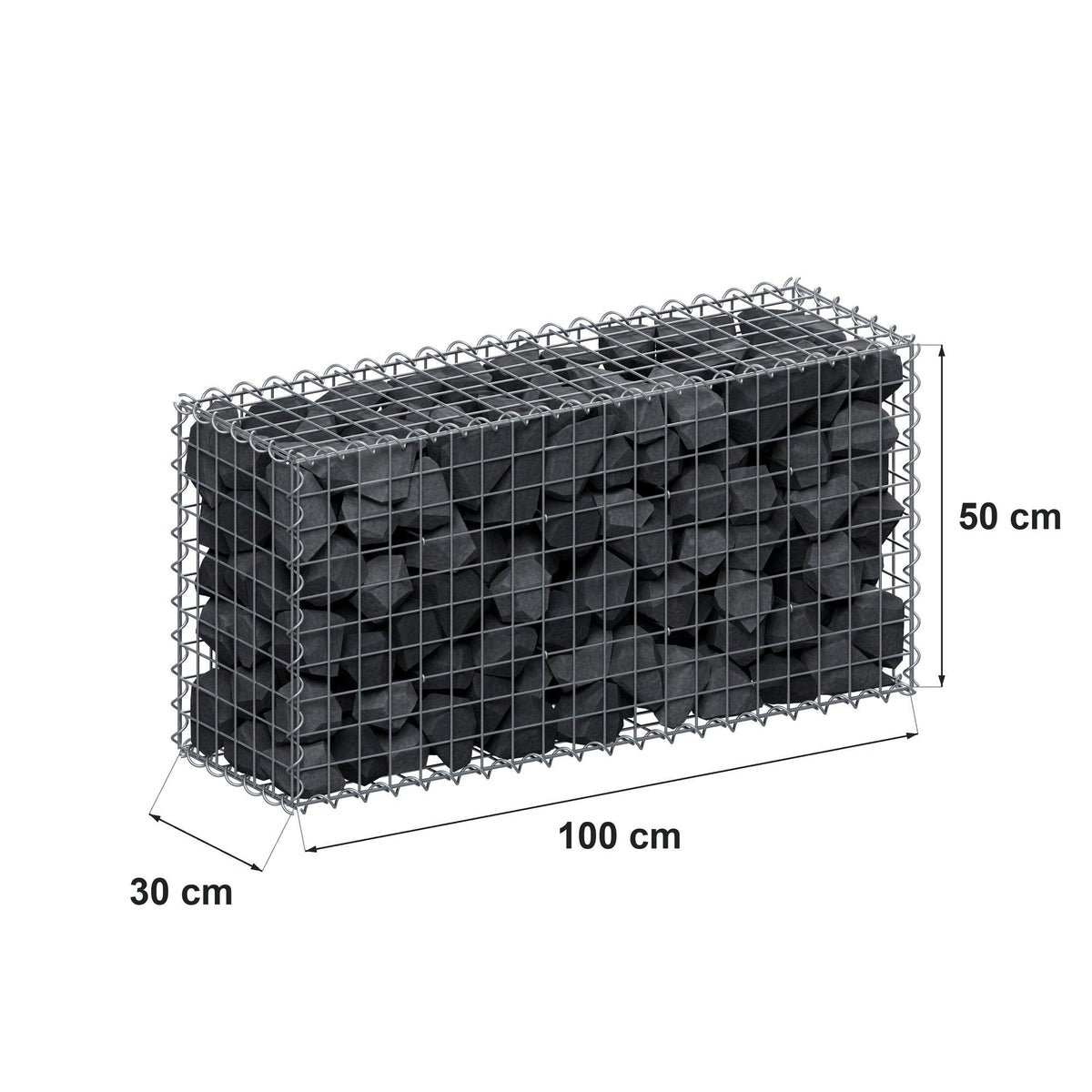 Gabião 100 cm x 50 cm x 30 cm (C x A x P), malhagem 5 cm x 5 cm, espiral