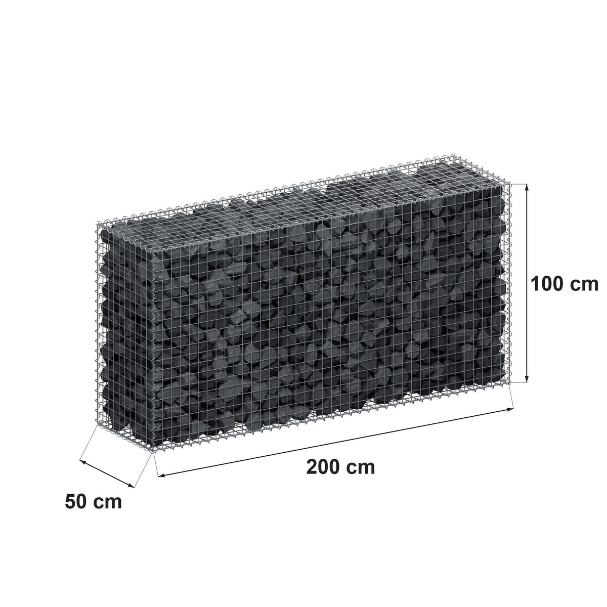 Gabião 200 cm x 100 cm x 50 cm (C x A x P), malhagem 5 cm x 5 cm, espiral