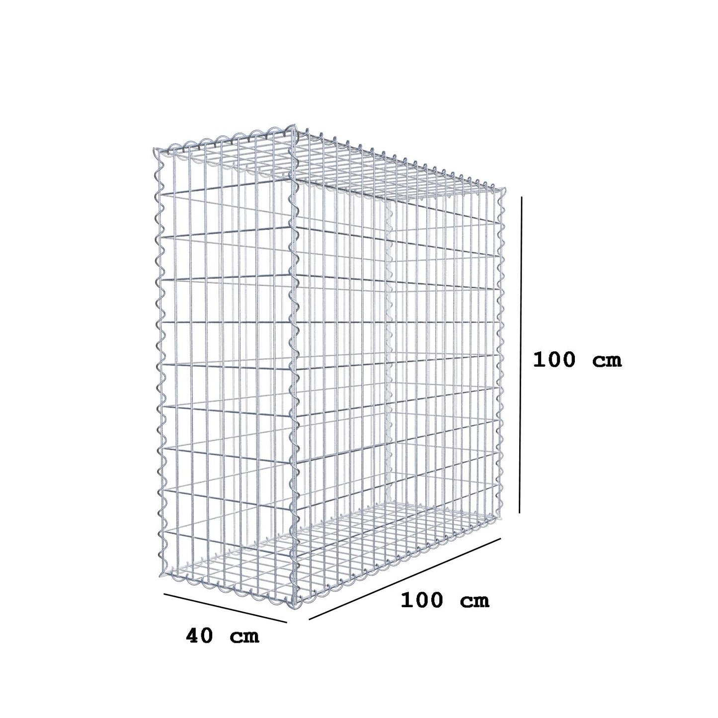 Gabião 100 cm x 100 cm x 40 cm (C x A x P), malhagem 5 cm x 10 cm, espiral