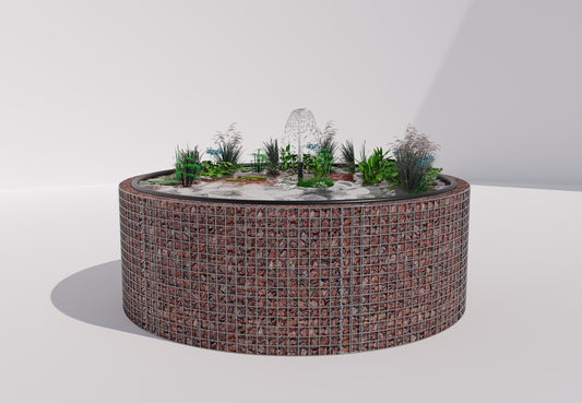 Gabionupphöjd damm, rund, ytterdiameter 232 cm, höjd 80 cm, maskstorlek 5 x 5 cm, väggtjocklek 15 cm