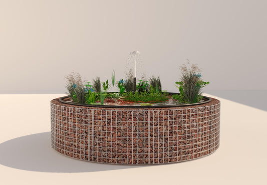 Gabionupphöjd damm, rund, ytterdiameter 202 cm, höjd 50 cm, maskstorlek 5 x 5 cm, väggtjocklek 15 cm