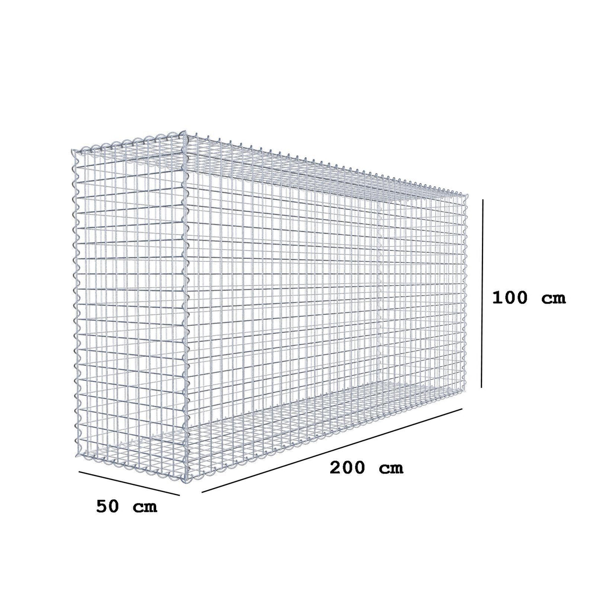 Gabião 200 cm x 100 cm x 50 cm (C x A x P), malhagem 5 cm x 5 cm, espiral