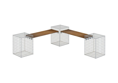 Banco de jardim com 3 gabiões - teca, 205 cm de comprimento x 60 cm de altura x 37 cm de profundidade, galvanizado, MW 5 x 5 cm