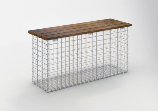 Banco de gabiões com madeira de Cumaru, 105 x 50 x 30 cm (C x A x P), galvanizado, MW 5 x 5 cm, com fecho em espiral