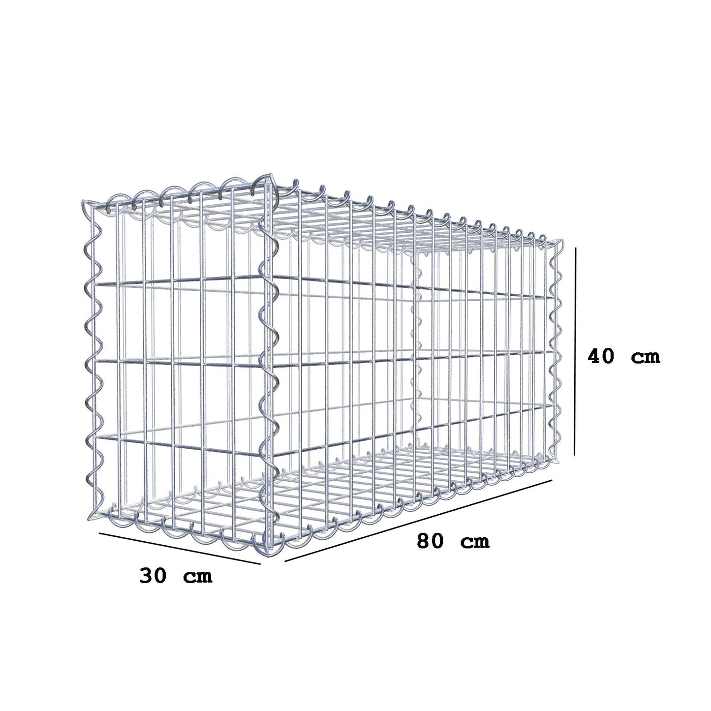 Gabião 80 cm x 40 cm x 30 cm (C x A x P), malhagem 5 cm x 10 cm, espiral