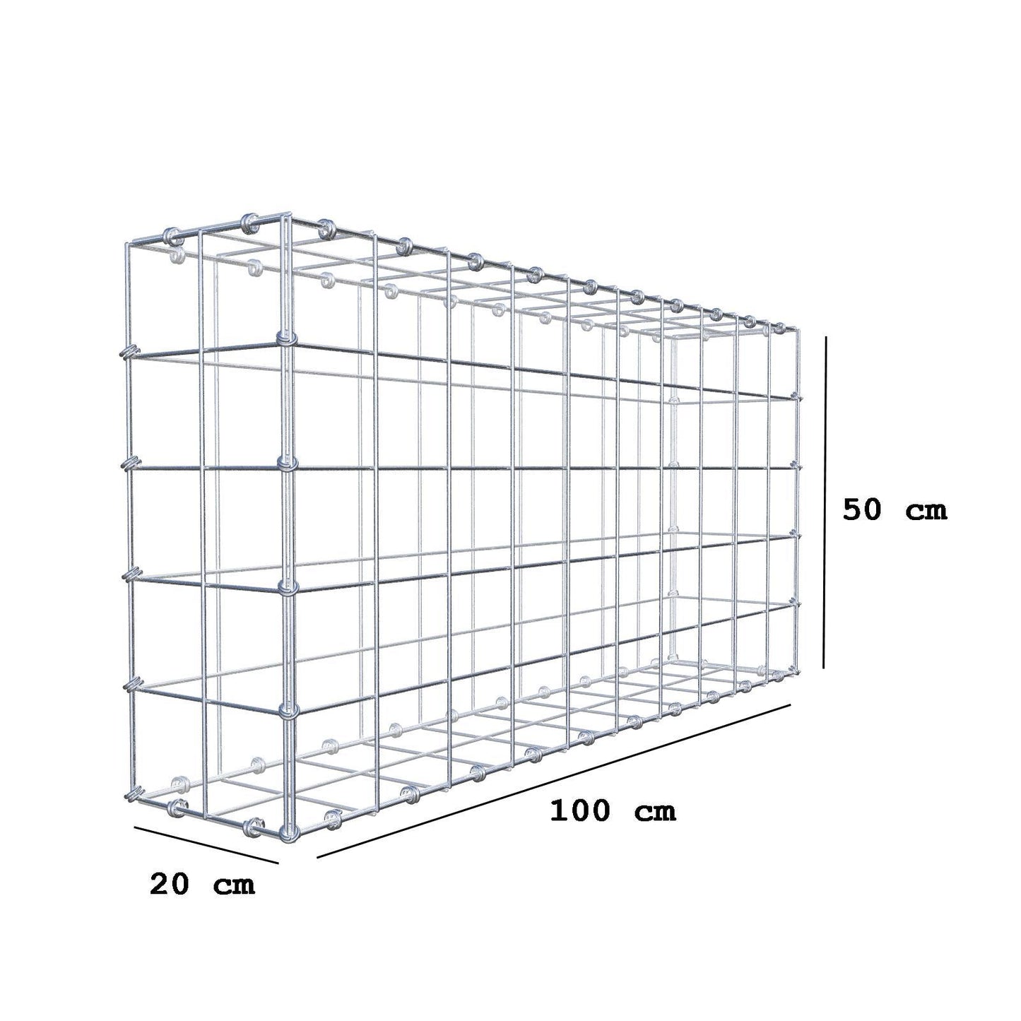 Gabion 100 cm x 50 cm x 20 cm (L x H x D), maskestørrelse 10 x 10 cm, spiralring