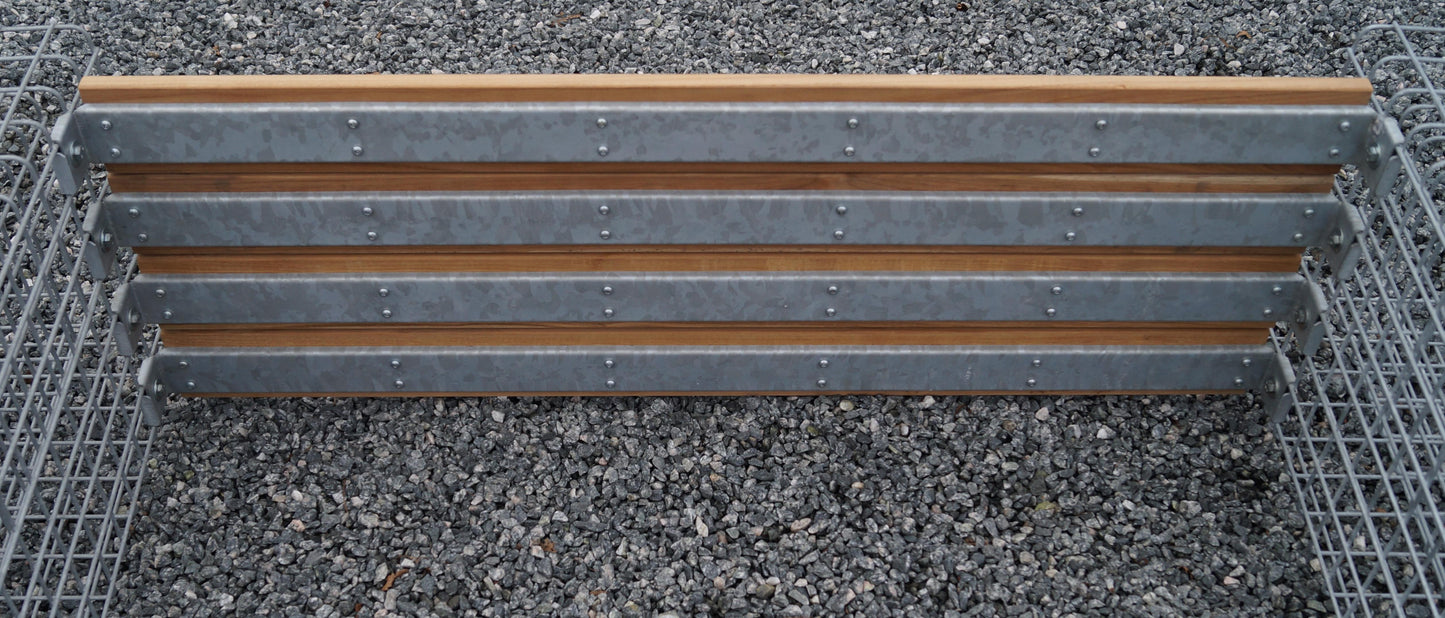 Gabionbænk med 3 blomstersøjler - teak, 205 cm lang x 60 cm høj x 37 cm dyb, varmgalvaniseret, MW 5 x 5 cm