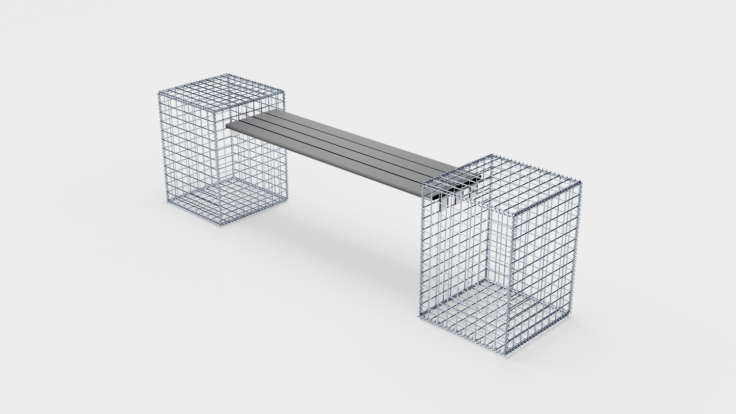 Gabionbænk med 2 spiralformede gabioner, 205 cm lang x 60 cm høj x 40 cm dyb, galvaniseret, MW 5 x 5 cm, med genbrugsplade i antracit