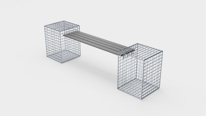 Gabionbænk med 2 spiralformede gabioner, 205 cm lang x 60 cm høj x 40 cm dyb, galvaniseret, MW 5 x 5 cm, med genbrugsplade i antracit