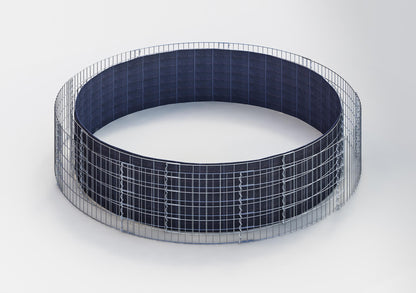 Letto rialzato rotondo, diametro esterno 382 cm, altezza 50 cm, maglia 5 x 10 cm, spessore delle pareti 15 cm.