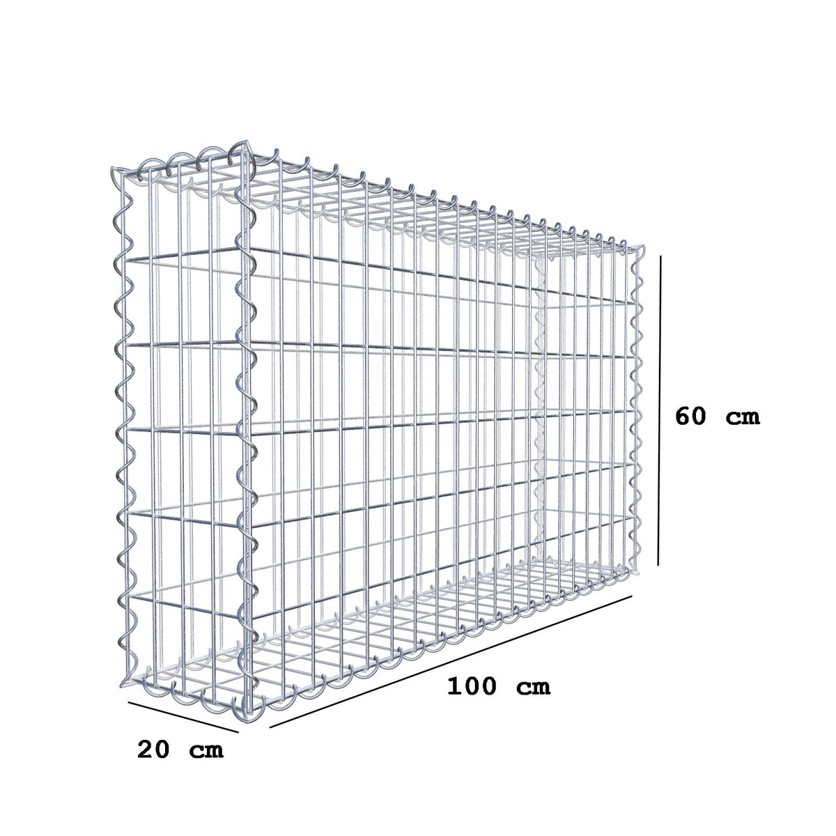 Gabião 100 cm x 60 cm x 20 cm (C x A x P), malhagem 5 cm x 10 cm, espiral