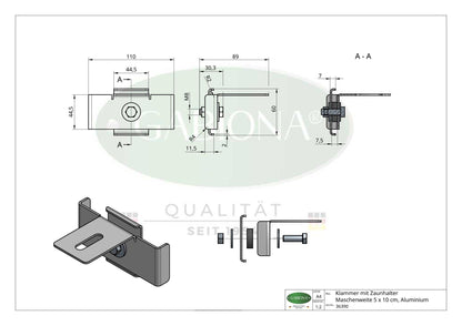 Clamp with fence holder mesh size 5 x 10 cm, aluminum