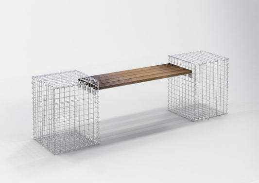 Banco de jardim com 2 gabiões - madeira de Cumaru, 200 cm de comprimento x 60 cm de altura x 37 cm de profundidade, galvanizado, MW 5 x 5 cm