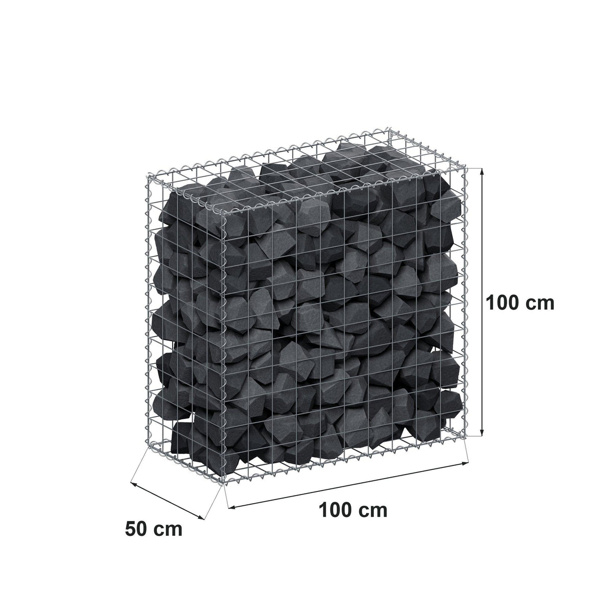 Gabião 100 cm x 100 cm x 50 cm (C x A x P), malhagem 10 cm x 10 cm, espiral