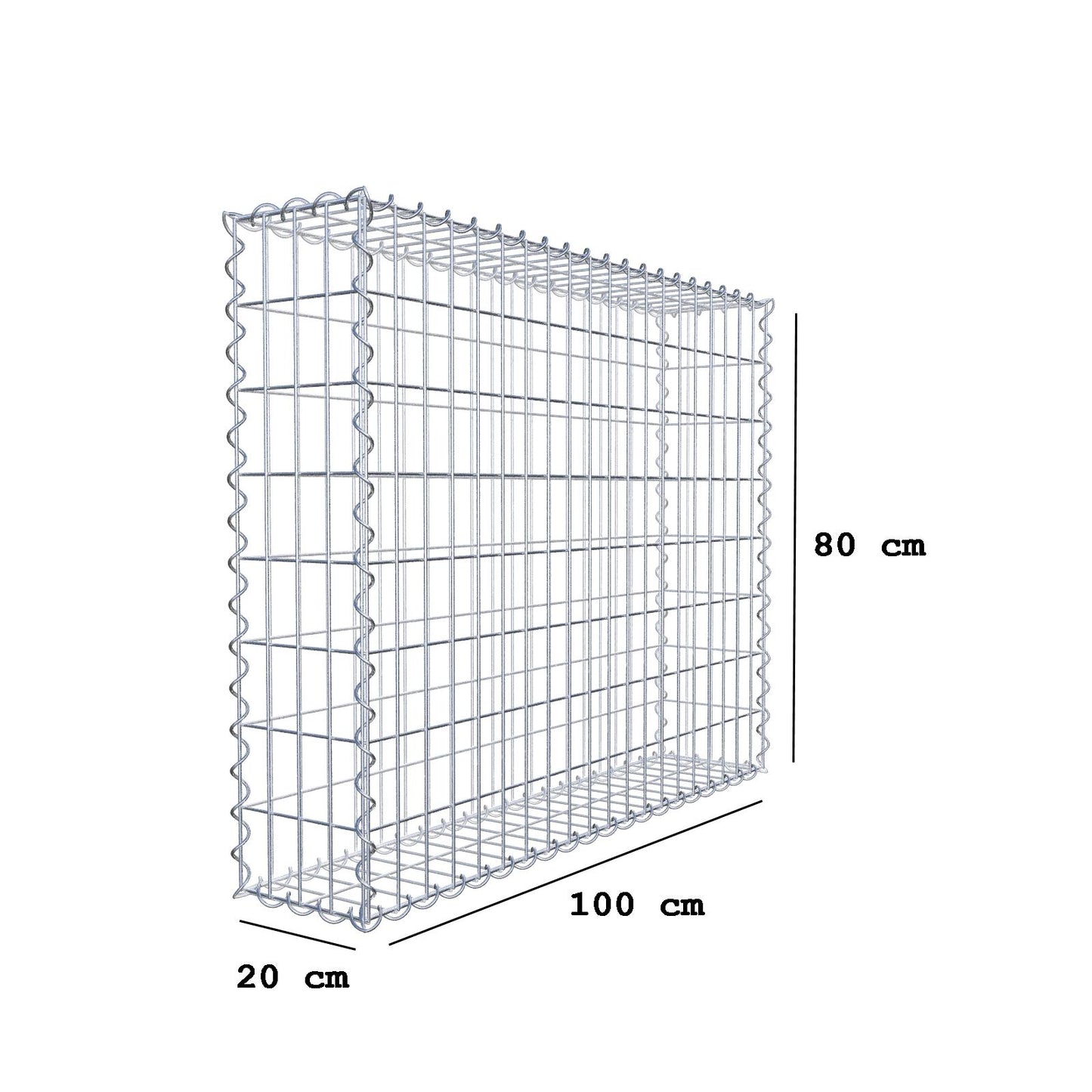 Gabião 100 cm x 80 cm x 20 cm (C x A x P), malhagem 5 cm x 10 cm, espiral