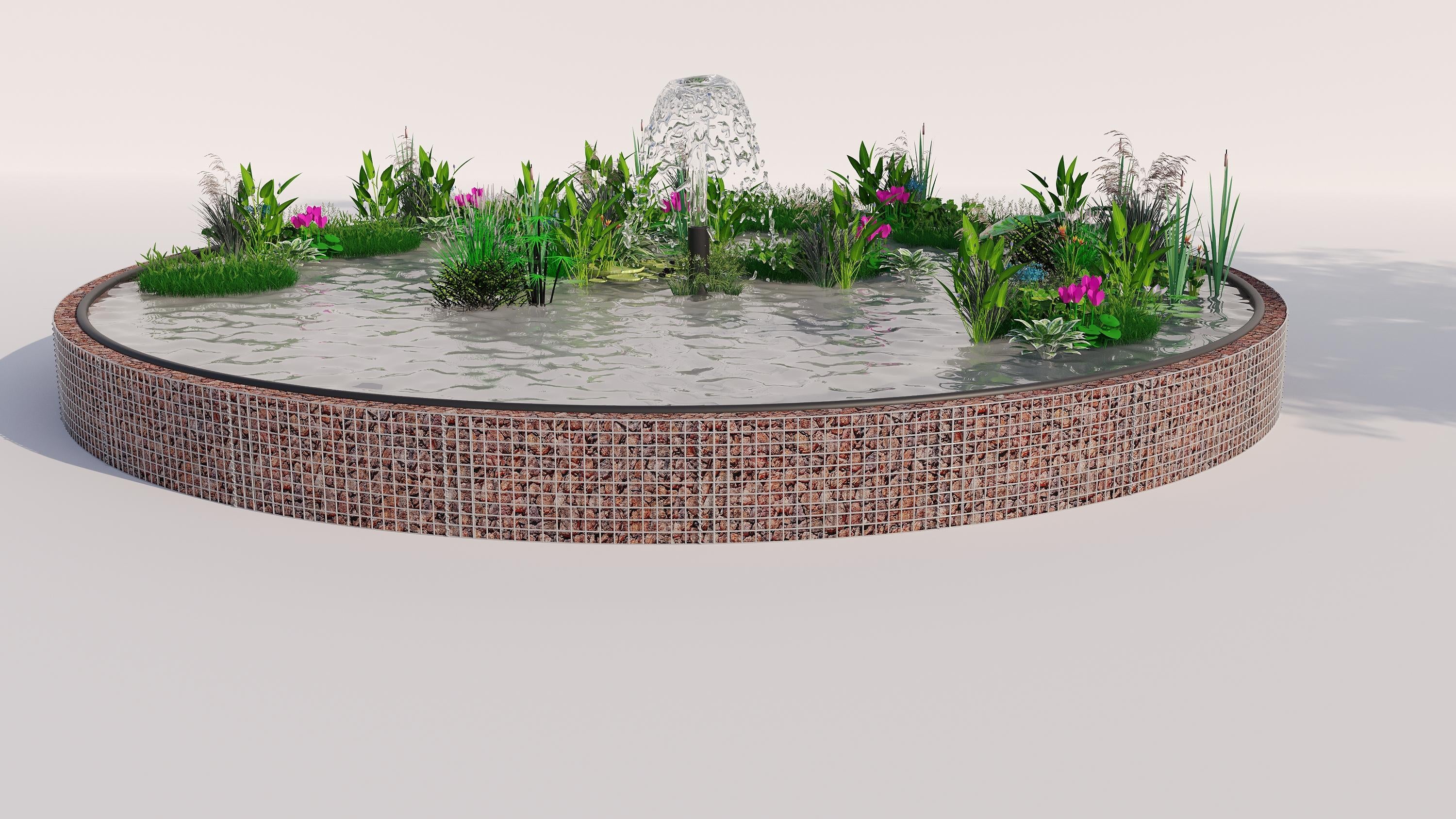 Gabionupphöjd damm, rund, ytterdiameter 322 cm, höjd 50 cm, maskstorlek 5 x 5 cm, väggtjocklek 15 cm